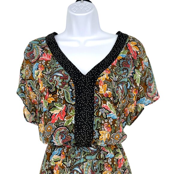 DR2 Paisley Floral Print Romper V-Neck Short Sleeve Black Multi-Color Size Large - Picture 2 of 12